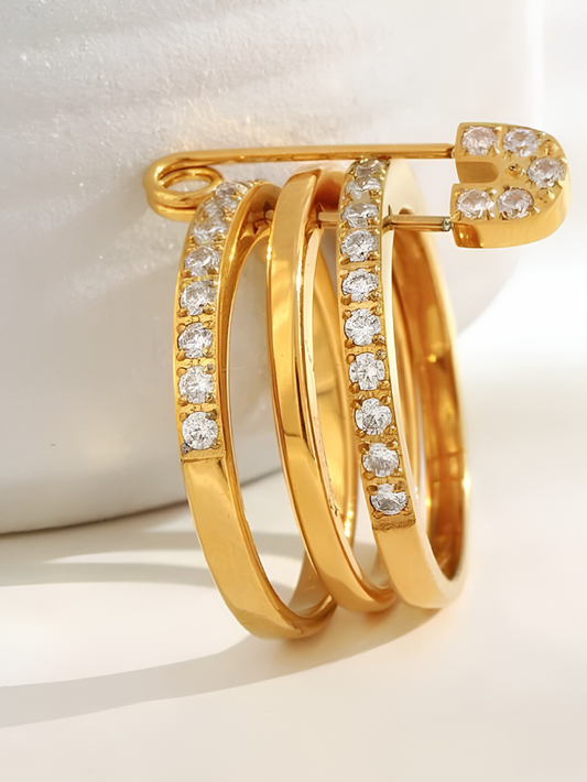 Gold Safety Pin Crystal Triple Stacked Ring