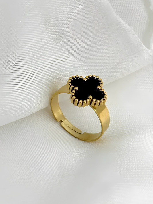 Black Leaf Clover Adjustable Ring