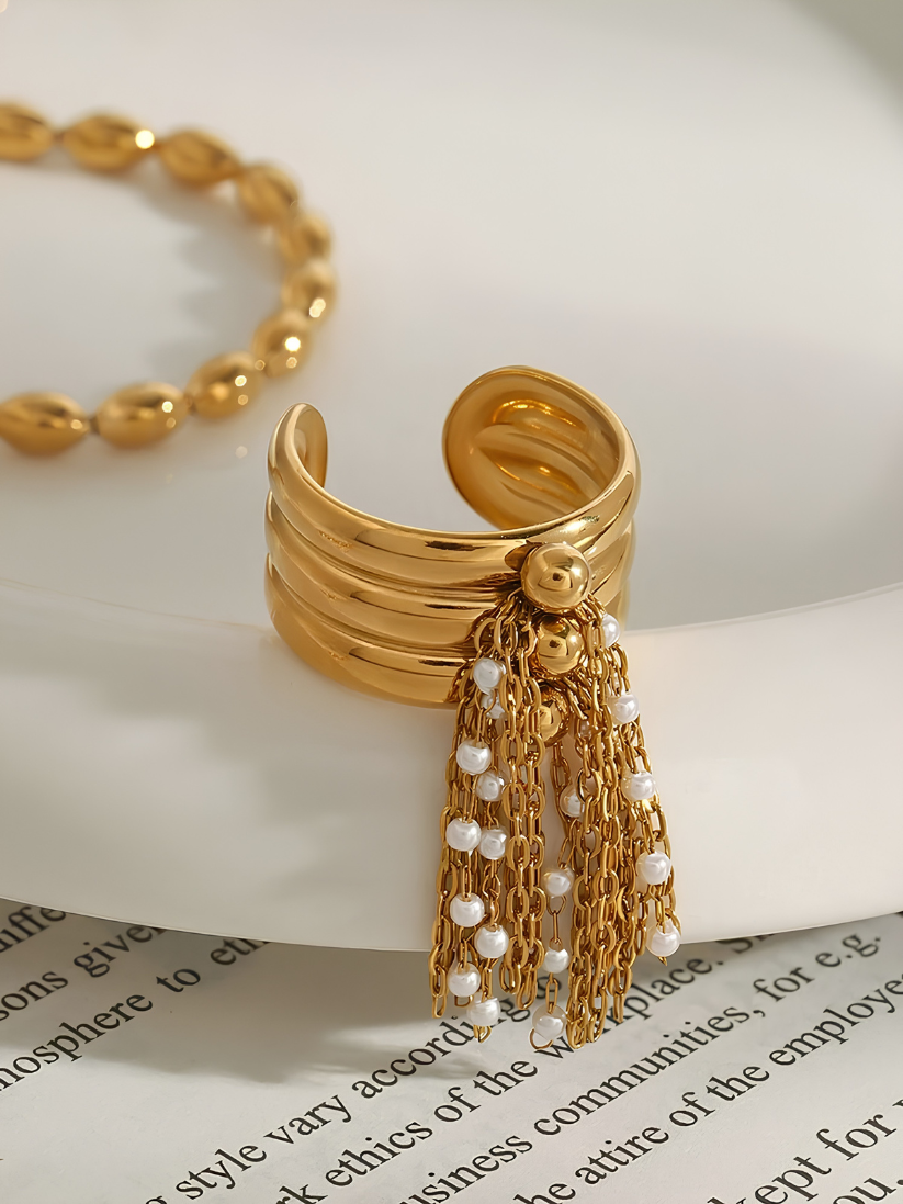 Gold Pearl Tassel Open Band Ring