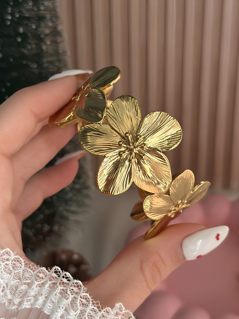 Gold Textured Floral Cuff Bracelet