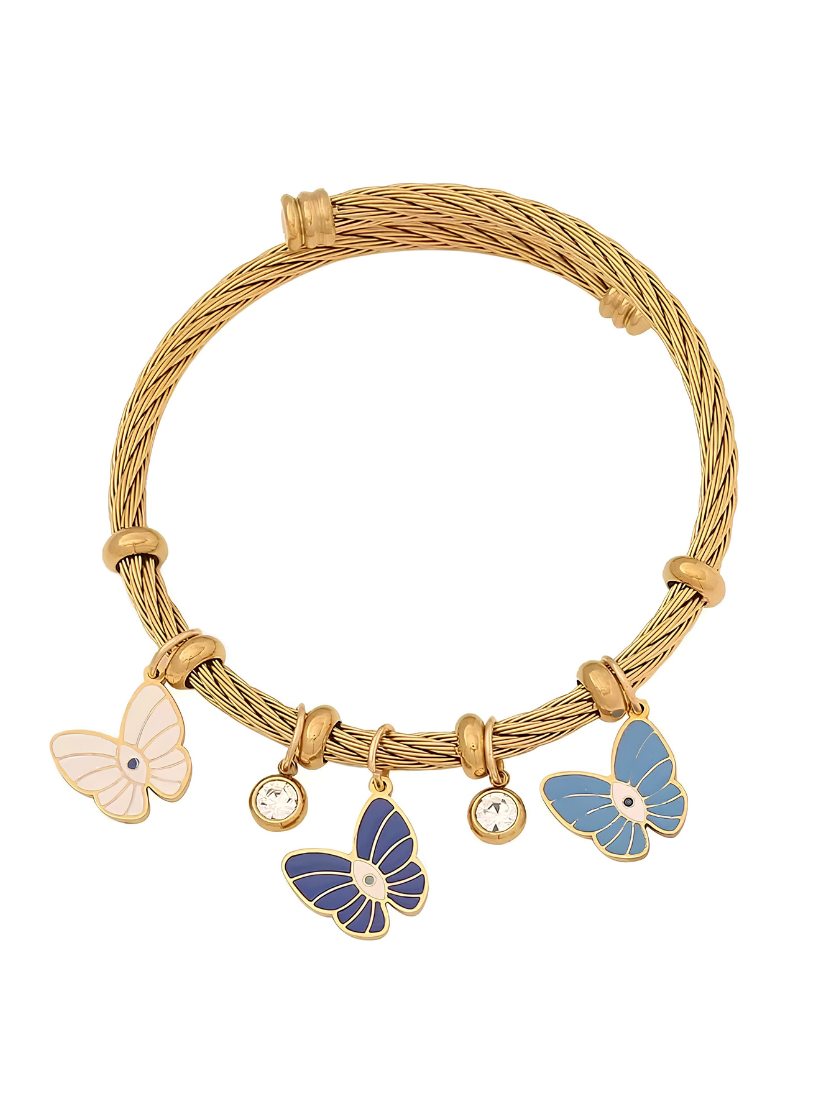 Gold Enamel Butterfly Charm Bangle