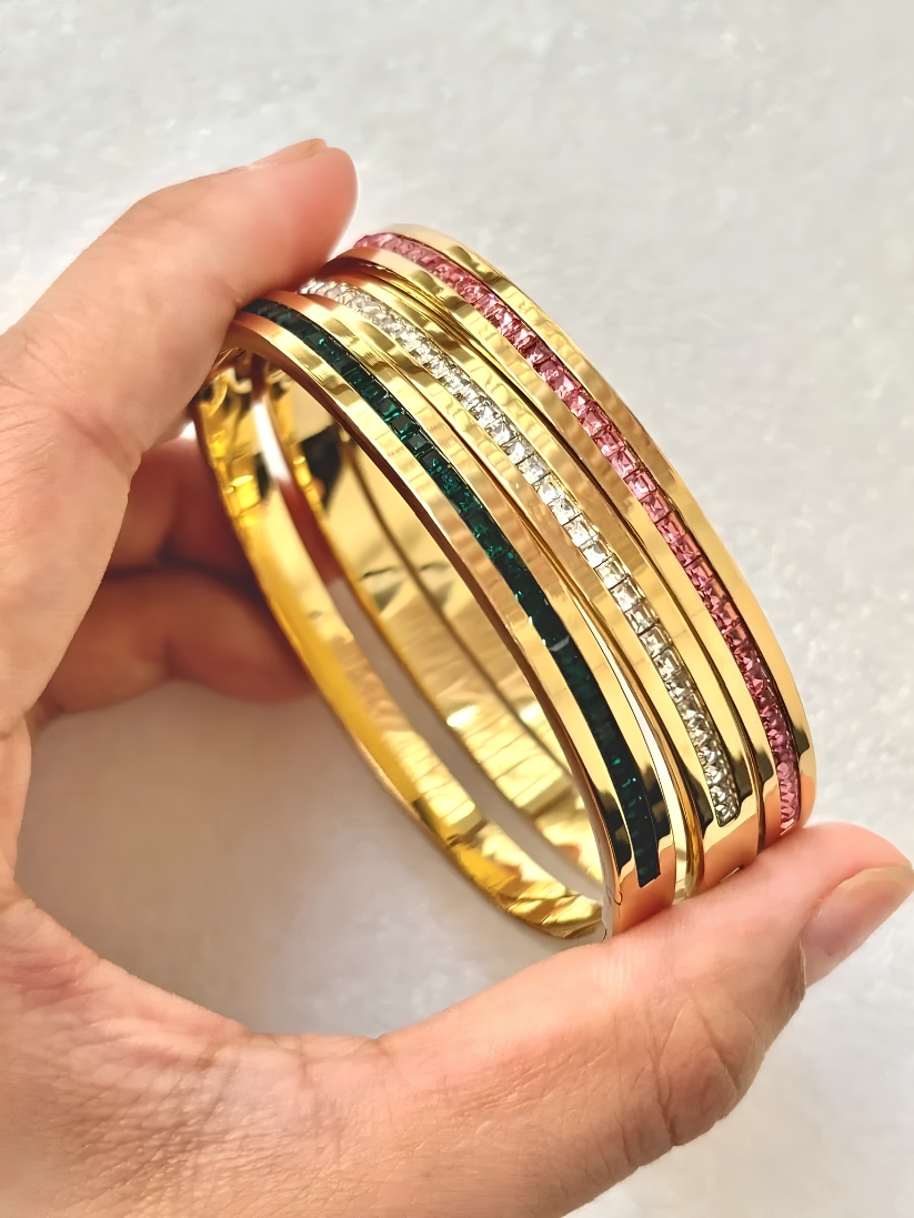 Gold Gemstone Inlaid Stackable Bangles