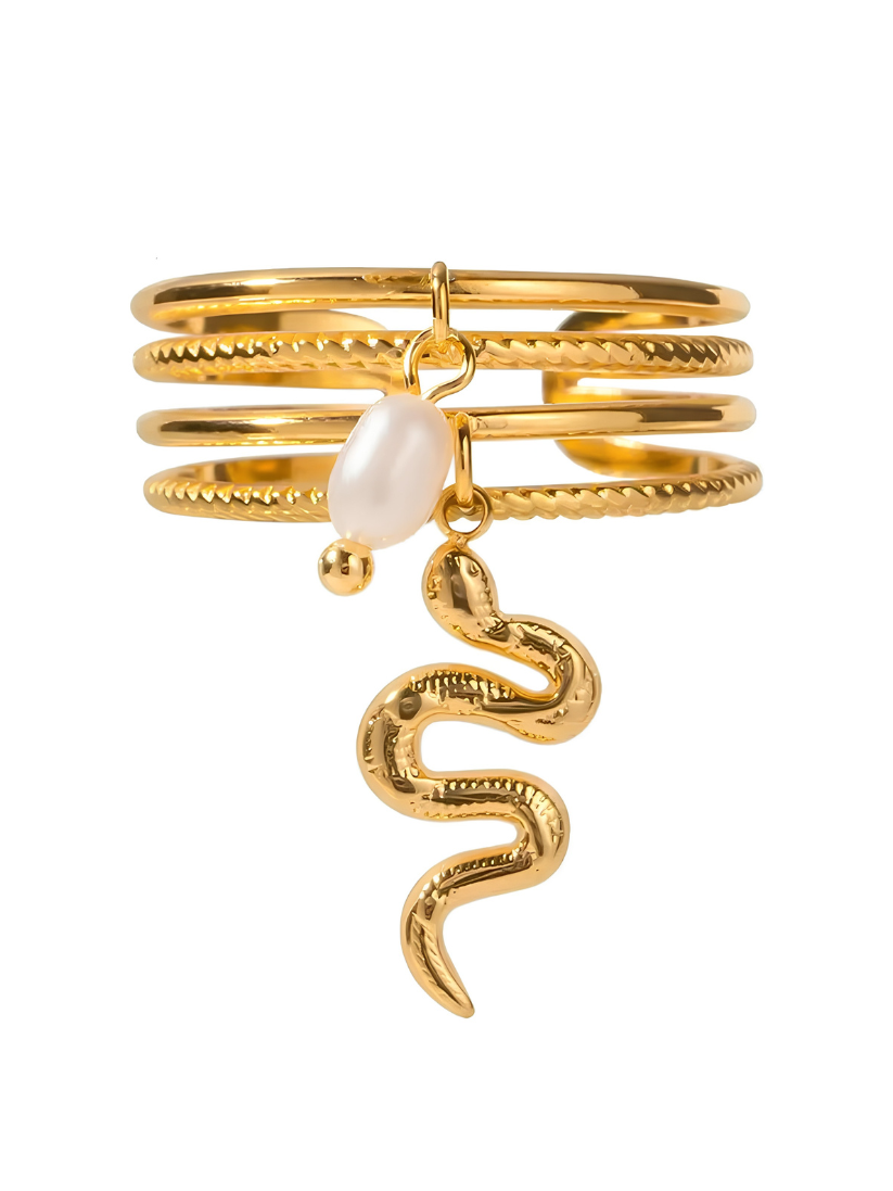 Gold Plated Multi-Layer Snake & Pearl Charm Ring