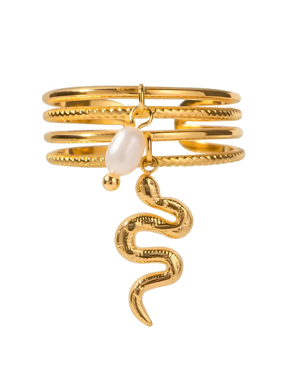 Gold Plated Multi-Layer Snake & Pearl Charm Ring