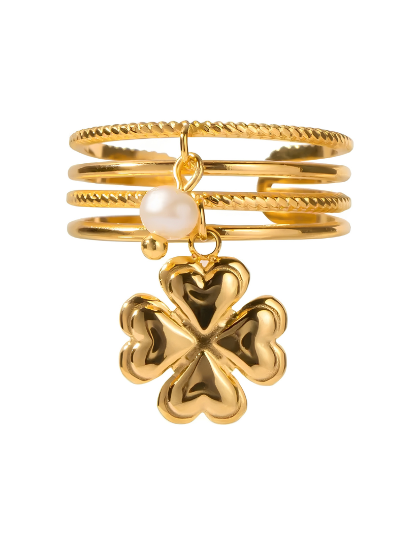 Gold Plated Multi-Layer Clover & Pearl Charm Ring