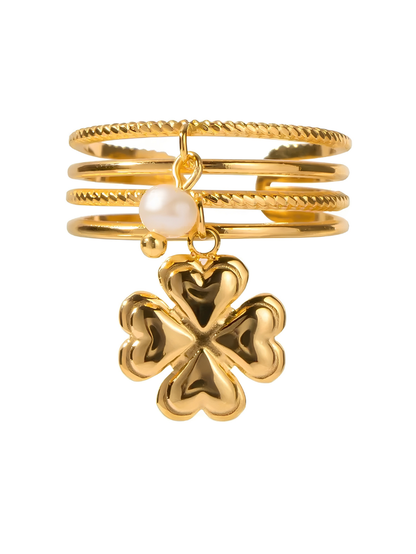 Gold Plated Multi-Layer Clover & Pearl Charm Ring