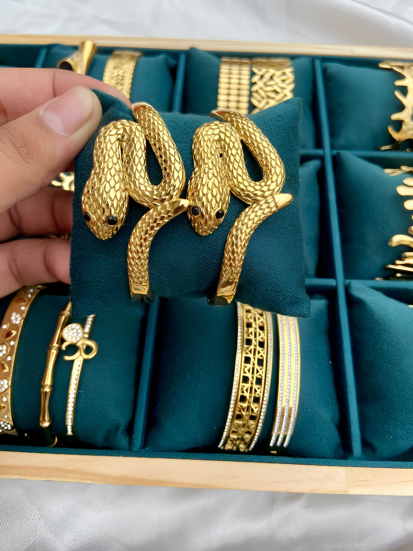 Gold Crystal Snake Hinged Bangle