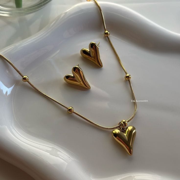 Golden Heartbeat Stainless Steel Full Jewelry Set  Necklace Bracelet & Earrings
