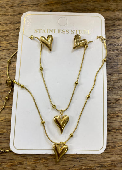 Golden Heartbeat Stainless Steel Full Jewelry Set  Necklace Bracelet & Earrings