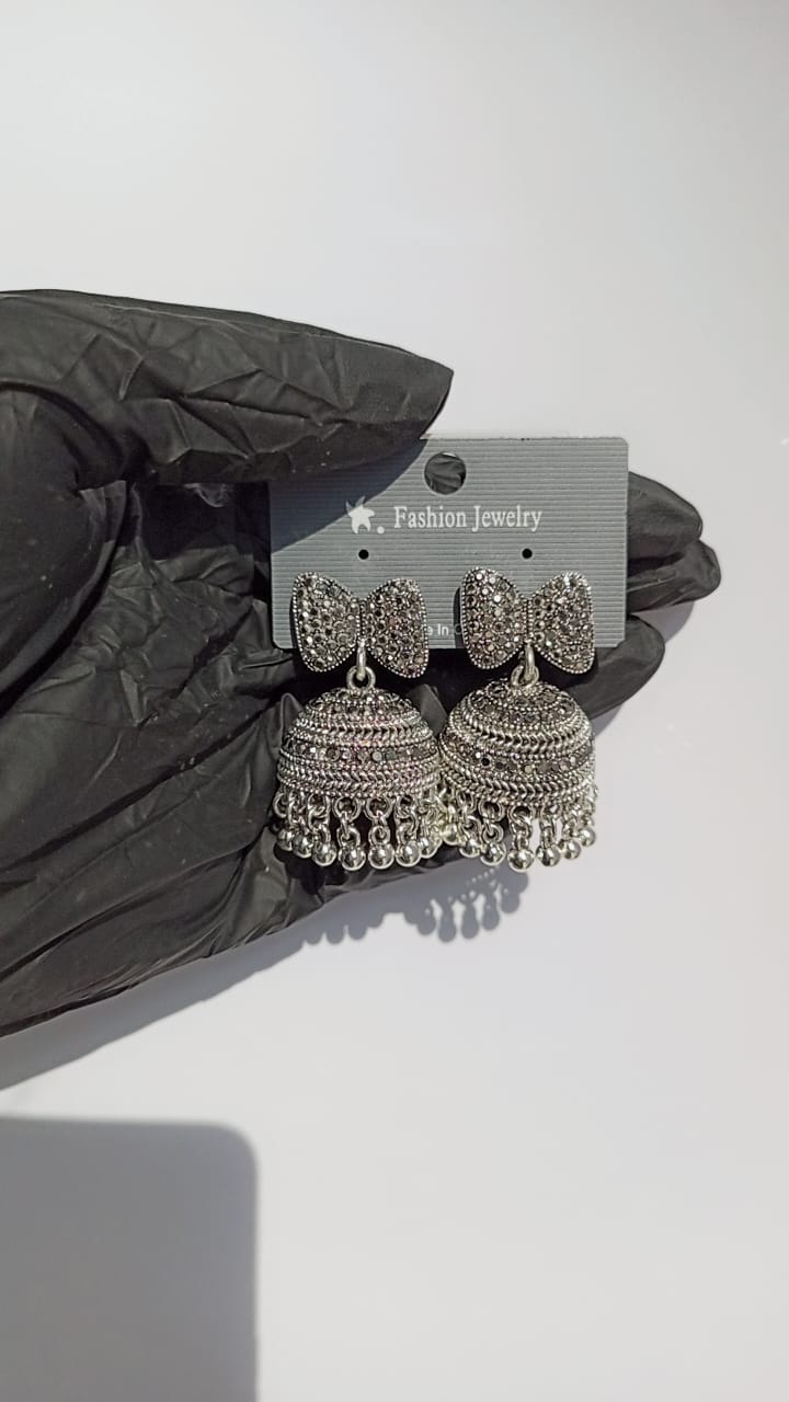 Premium Oxidised Silver Bow-Tie Jhumka Earrings – Heavy Stainless Steel Ethnic Statement Piece