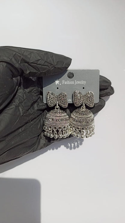Premium Oxidised Silver Bow-Tie Jhumka Earrings – Heavy Stainless Steel Ethnic Statement Piece
