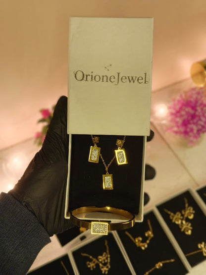 Rose Gold Plated Stainless Steel Pave Bar Jewelry Set