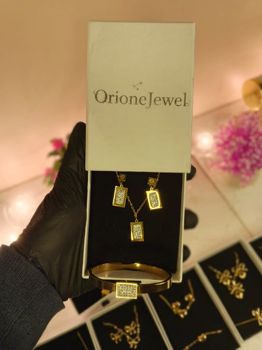 Rose Gold Plated Stainless Steel Pave Bar Jewelry Set