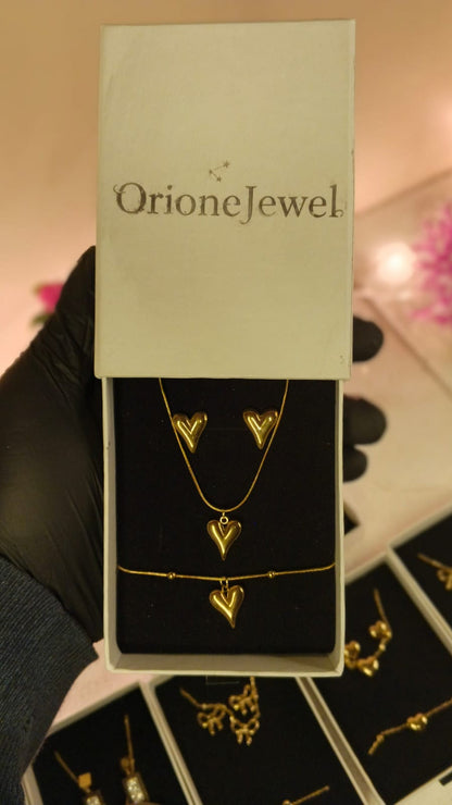 Golden Heartbeat Stainless Steel Full Jewelry Set  Necklace Bracelet & Earrings