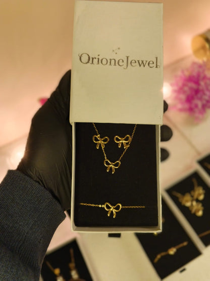 3-Piece Dainty Ribbon Bow Jewellery Set - Gold Plated Stainless Steel
