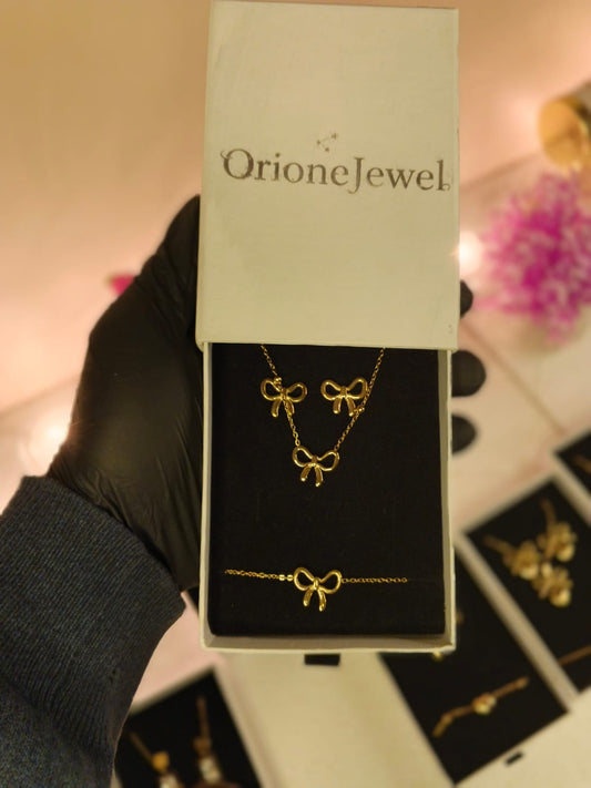 3-Piece Dainty Ribbon Bow Jewellery Set - Gold Plated Stainless Steel