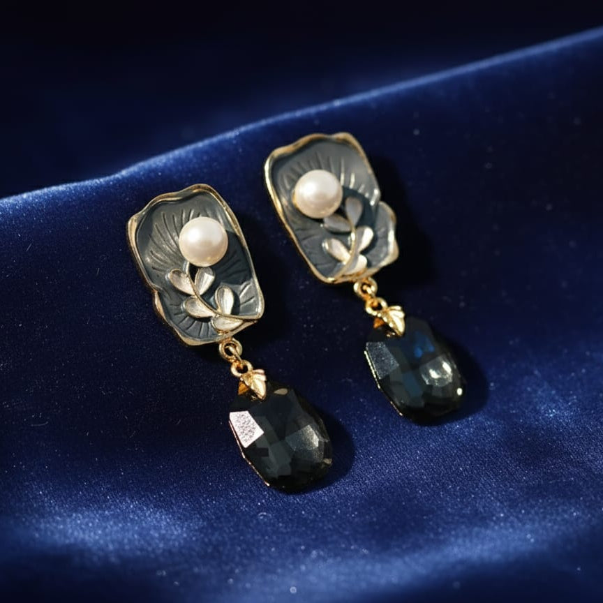 Ethereal Gilded Leaf & Crystal Drop Earrings