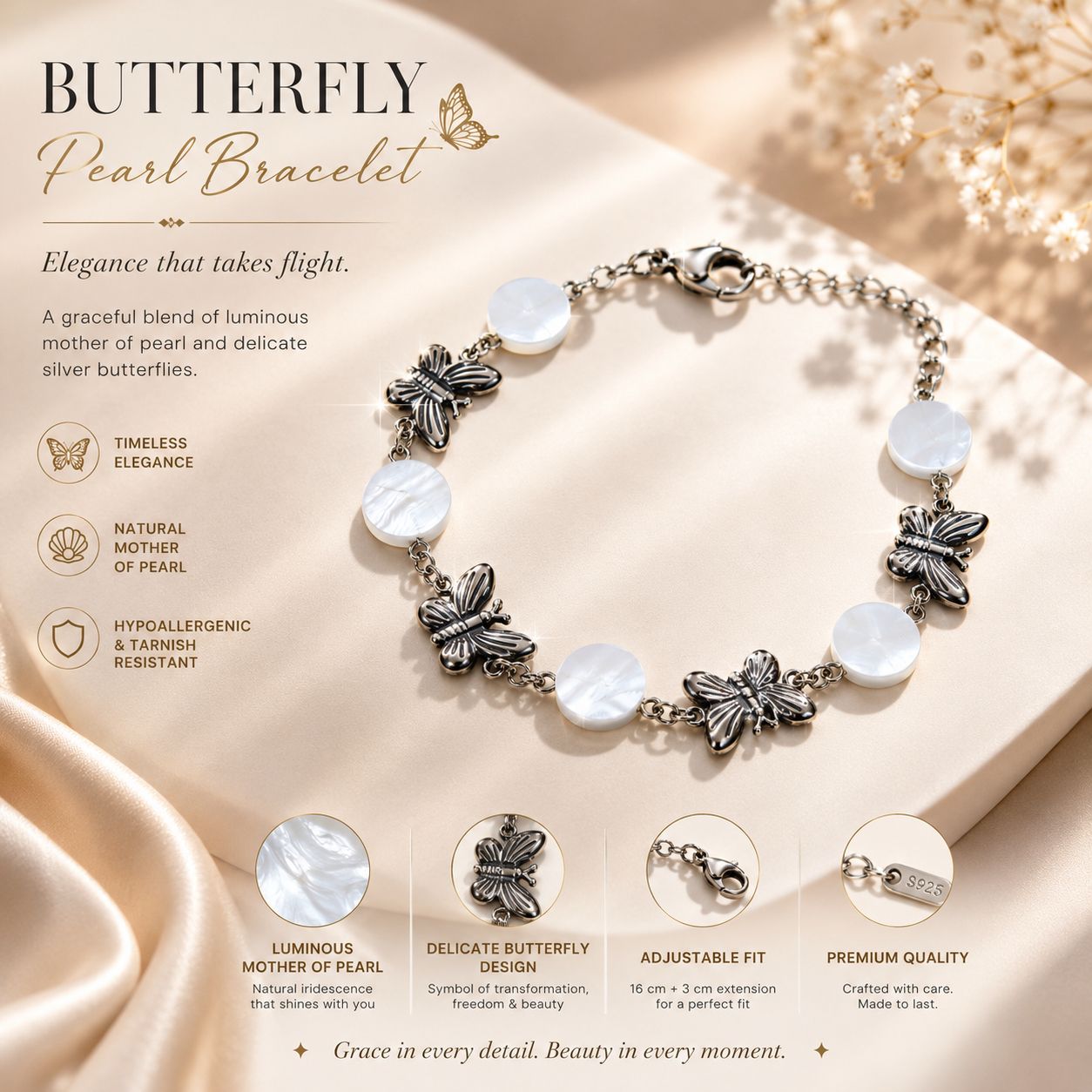 Silver Butterfly & Mother of Pearl Bracelet