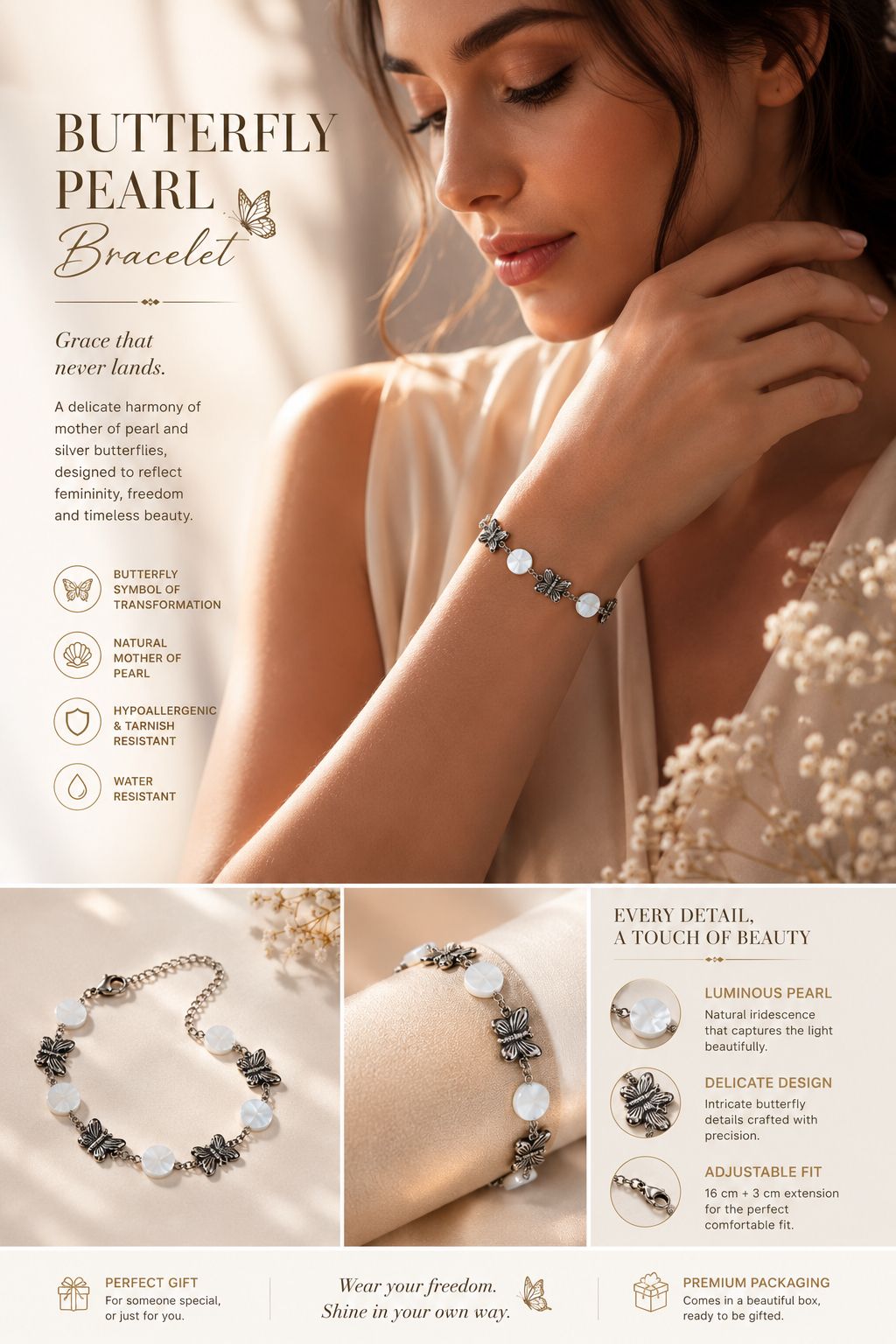 Silver Butterfly & Mother of Pearl Bracelet