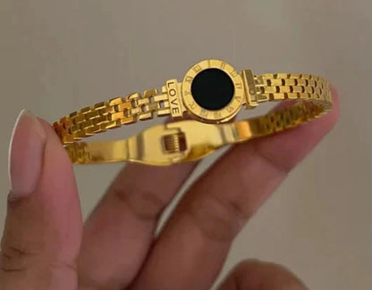Gold Roman Numeral & Black Disc Watch-Link Bangle