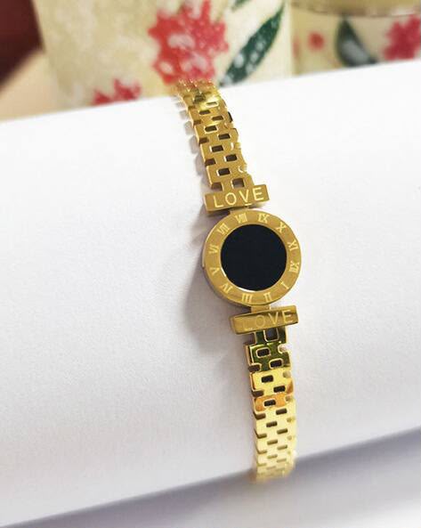 Gold Roman Numeral & Black Disc Watch-Link Bangle