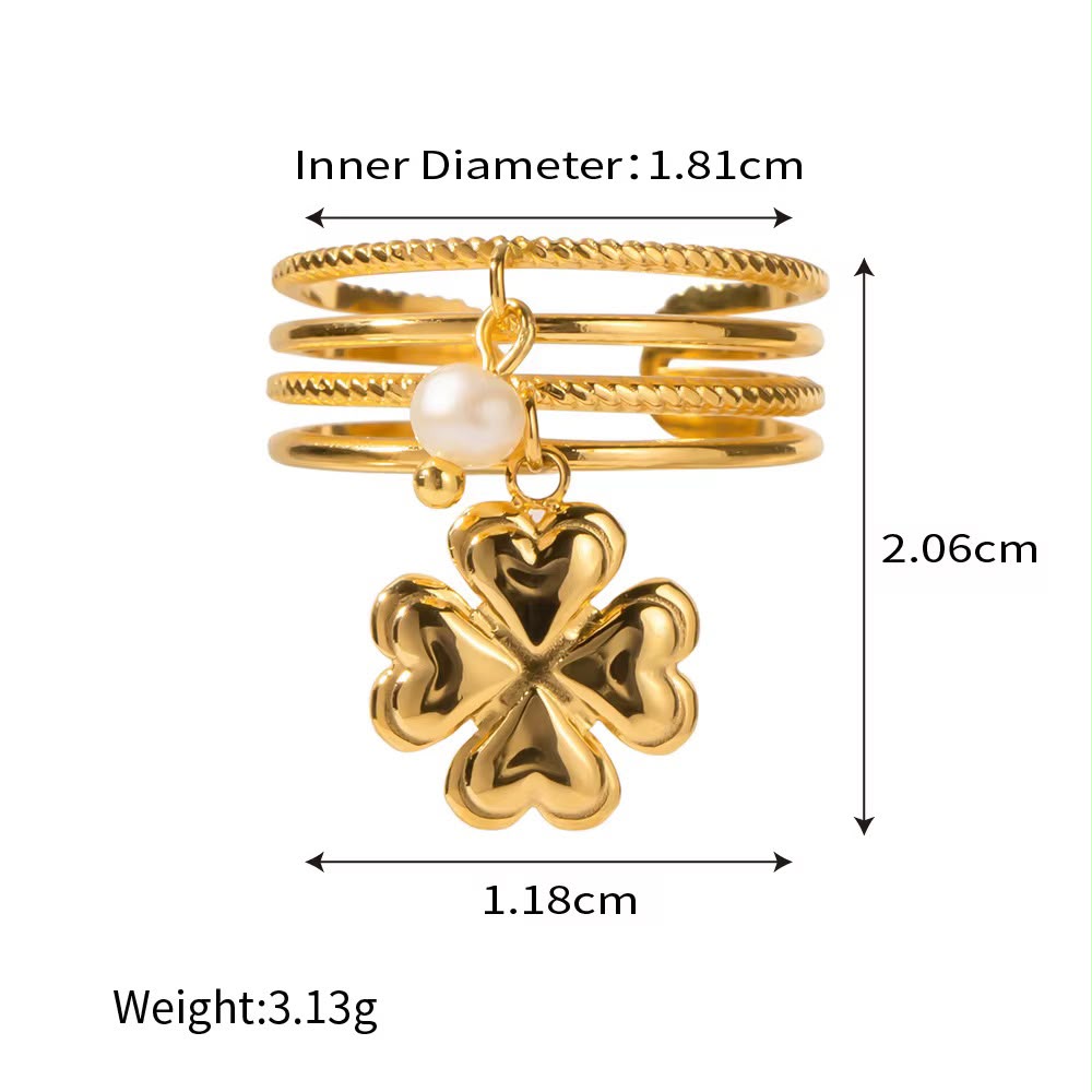 Gold Plated Multi-Layer Clover & Pearl Charm Ring