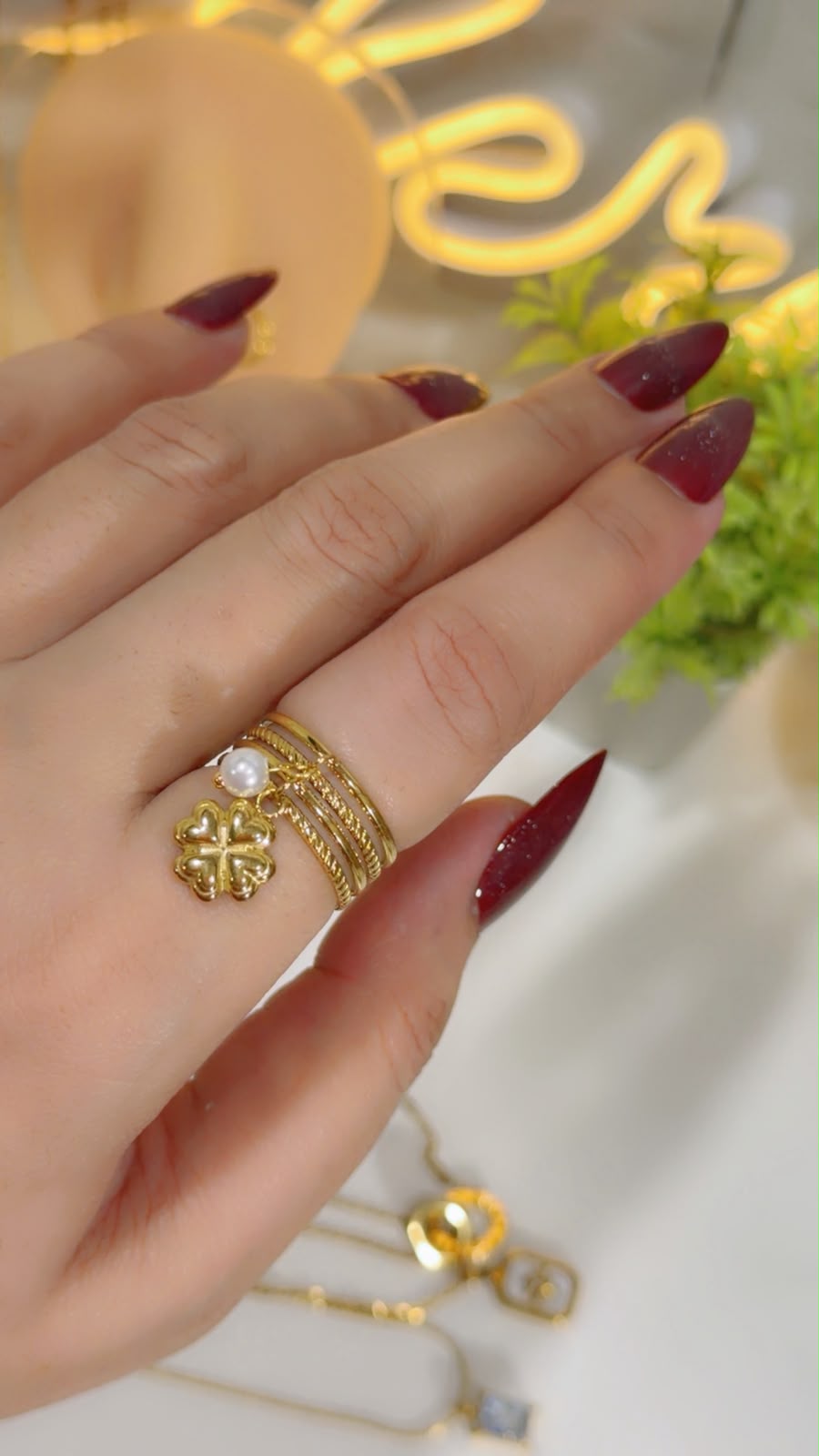Gold Plated Multi-Layer Clover & Pearl Charm Ring