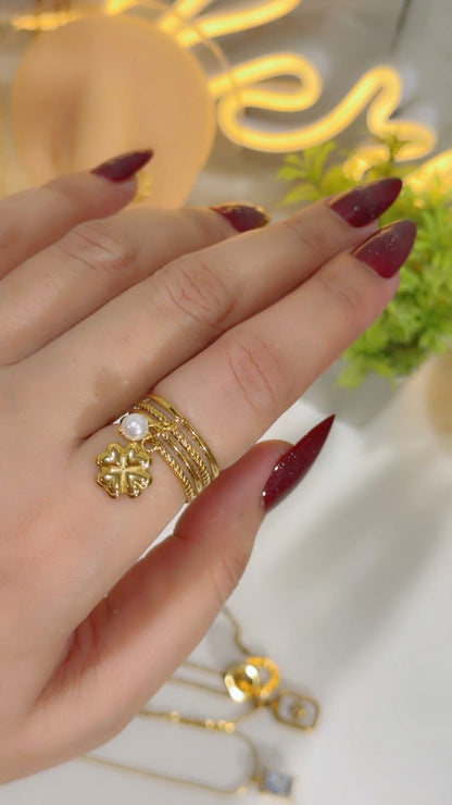 Gold Plated Multi-Layer Clover & Pearl Charm Ring