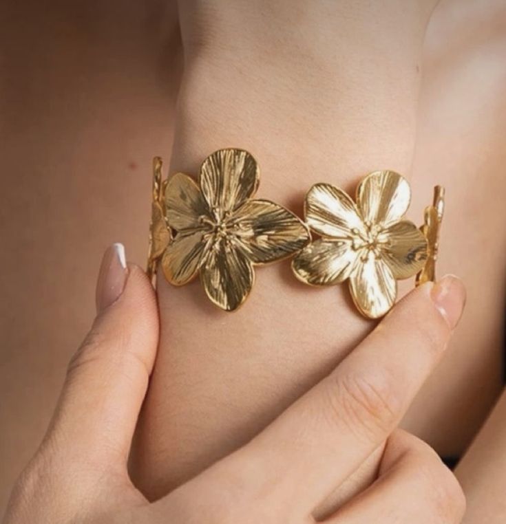 Gold Textured Floral Cuff Bracelet