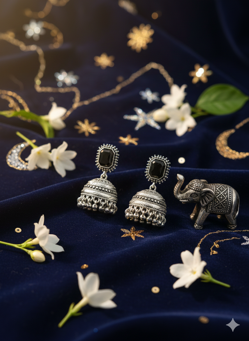 Majestic Royal Black Stone Antique Gold Jhumka Earrings