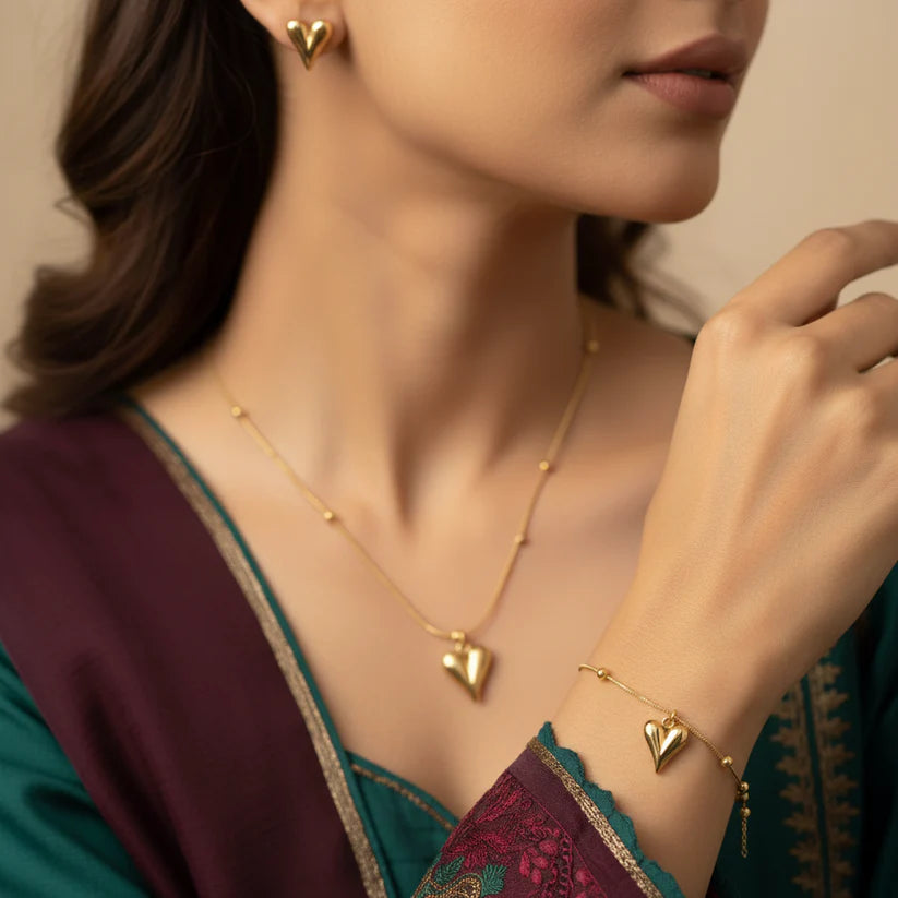 Golden Heartbeat Stainless Steel Full Jewelry Set  Necklace Bracelet & Earrings