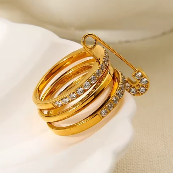 Gold Safety Pin Crystal Triple Stacked Ring