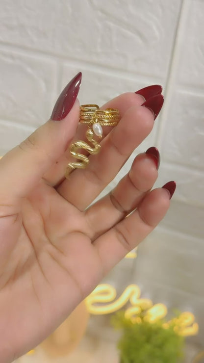 Gold Plated Multi-Layer Snake & Pearl Charm Ring
