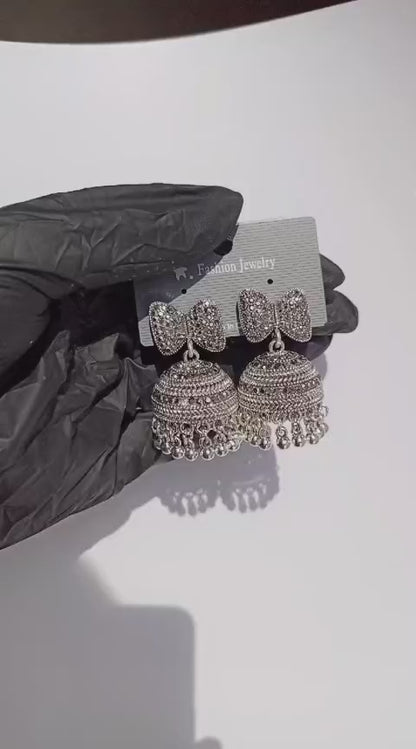 Premium Oxidised Silver Bow-Tie Jhumka Earrings – Heavy Stainless Steel Ethnic Statement Piece