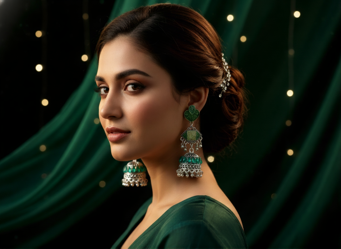 Oxidized Silver Traditional Jhumka Earrings with Emerald Green Enamel & Crystal Accents